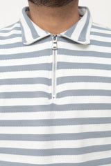 Old Money Men's Zipped Grey Striped Textured Sweat Shirt