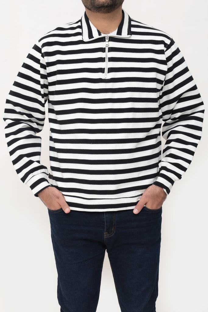 Old Money Men's Zipped Black  Striped Textured Sweat Shirt - button & threads