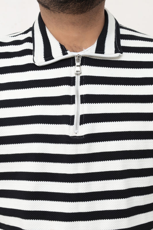 Old Money Men's Zipped Black  Striped Textured Sweat Shirt