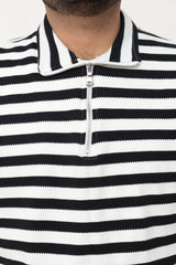 Old Money Men's Zipped Black  Striped Textured Sweat Shirt