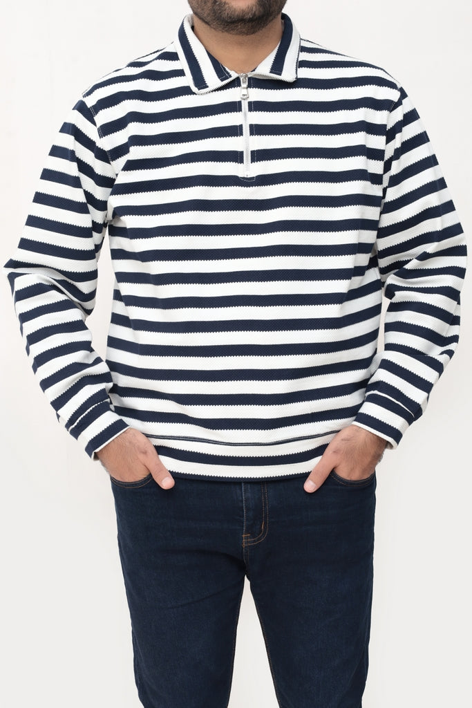Old Money Men's Zipped Navy Striped Textured Sweat Shirt - button & threads
