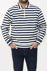 Old Money Men's Zipped Navy Striped Textured Sweat Shirt