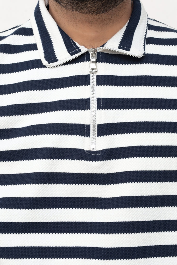 Old Money Men's Zipped Navy Striped Textured Sweat Shirt - button & threads