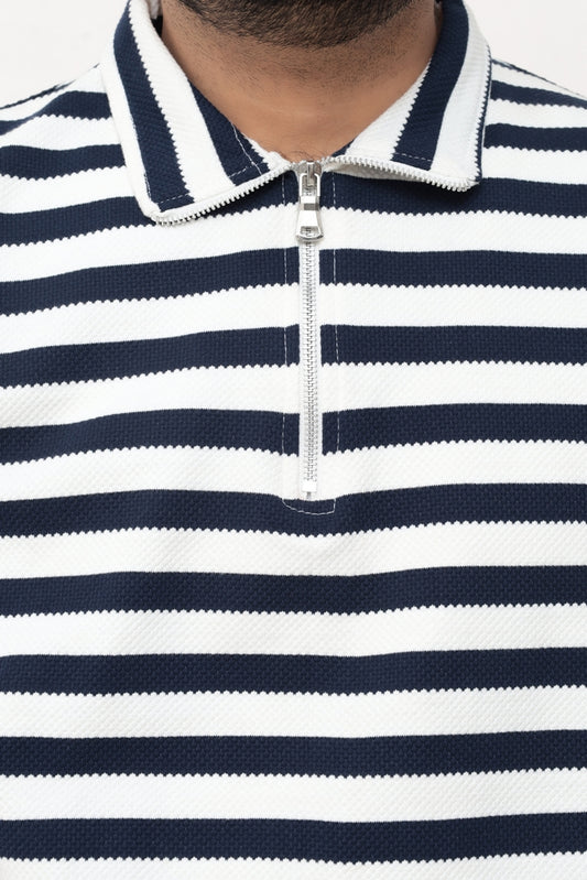 Old Money Men's Zipped Navy Striped Textured Sweat Shirt