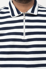 Old Money Men's Zipped Navy Striped Textured Sweat Shirt