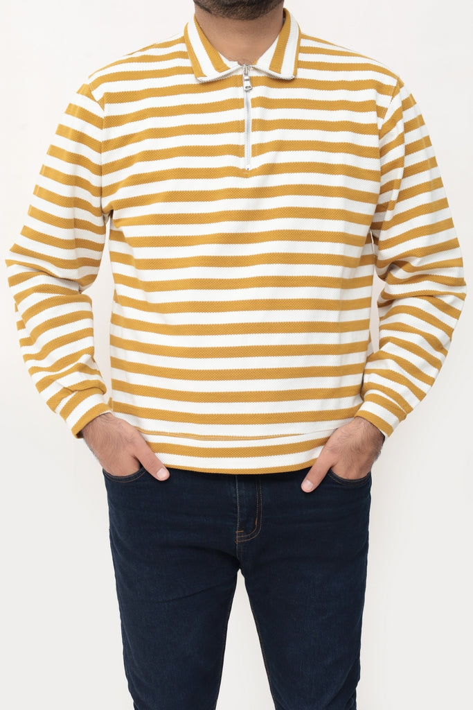 Old Money Men's Zipped Mustard Striped Textured Sweat Shirt - button & threads