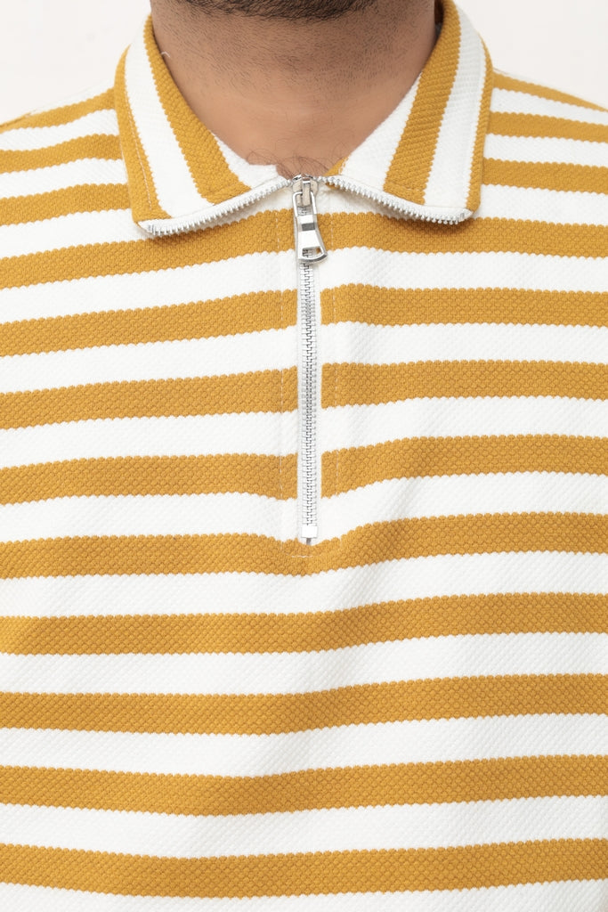 Old Money Men's Zipped Mustard Striped Textured Sweat Shirt - button & threads