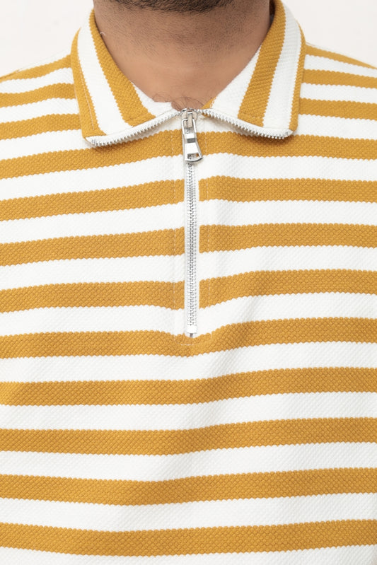 Old Money Men's Zipped Mustard Striped Textured Sweat Shirt