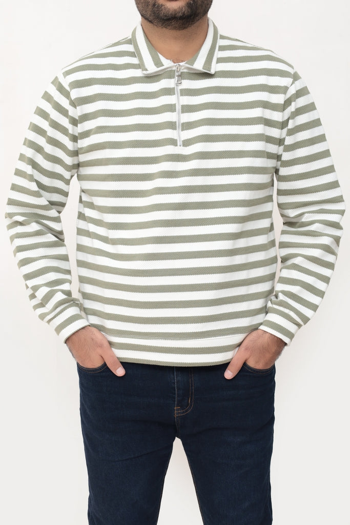 Old Money Men's Zipped Olive Striped Textured Sweat Shirt - button & threads