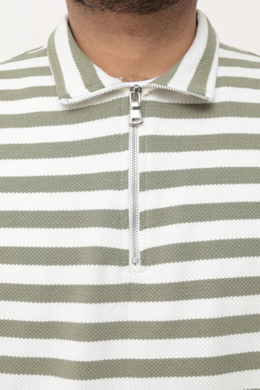 Old Money Men's Zipped Olive Striped Textured Sweat Shirt