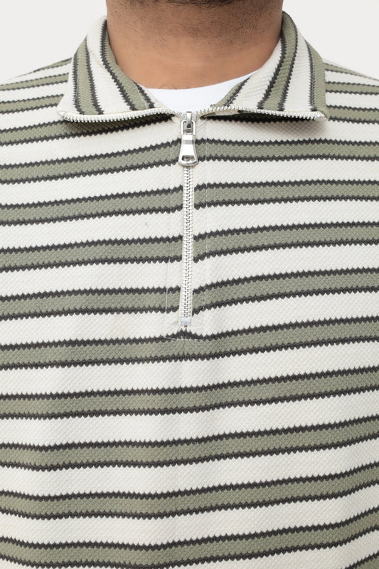 Old Money Men's Zipped Olive Green Boarder Stripes