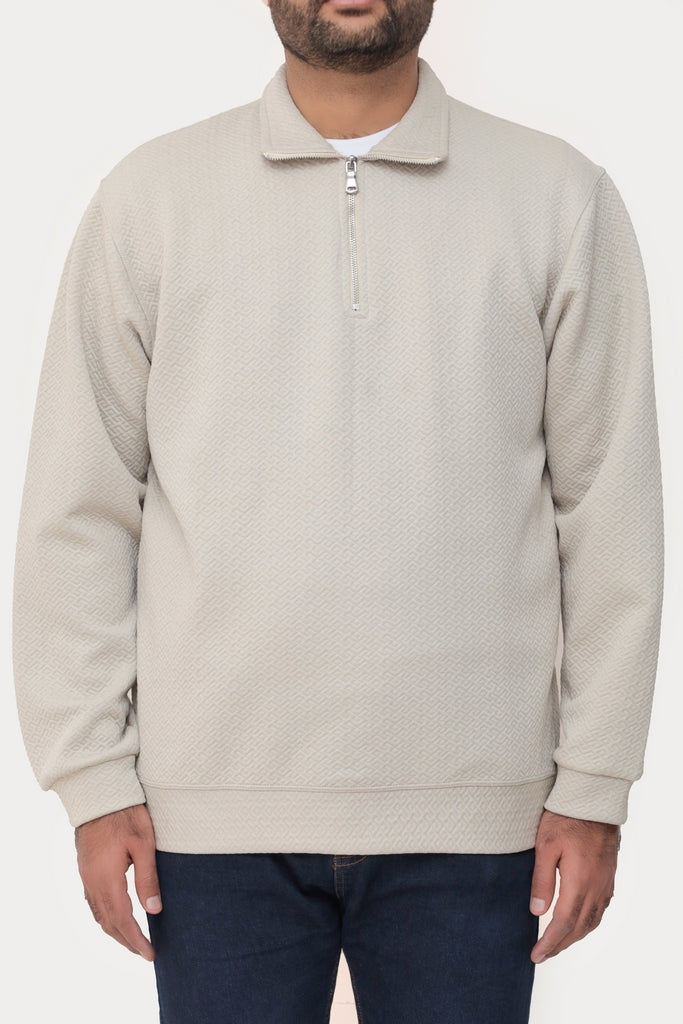 Old Money Men's Zipped Light Beige Textured Sweat Shirt - button & threads