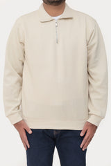 Old Money Men's Zipped Off White Textured Sweat Shirt