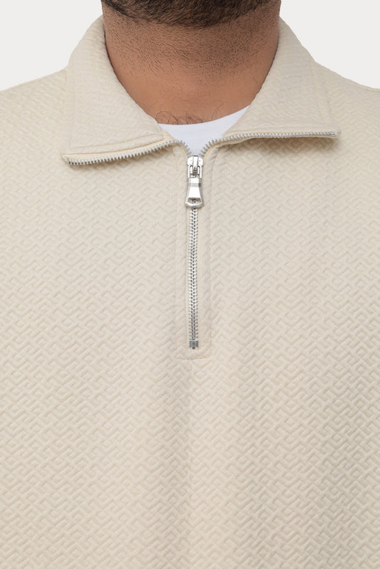 Old Money Men's Zipped Off White Textured Sweat Shirt
