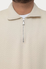 Old Money Men's Zipped Off White Textured Sweat Shirt