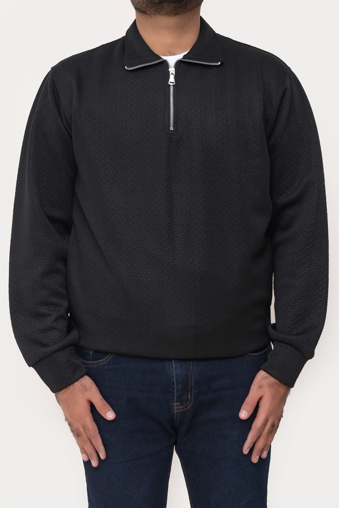Old Money Men's Zipped Jet Black Textured Sweat Shirt - button & threads