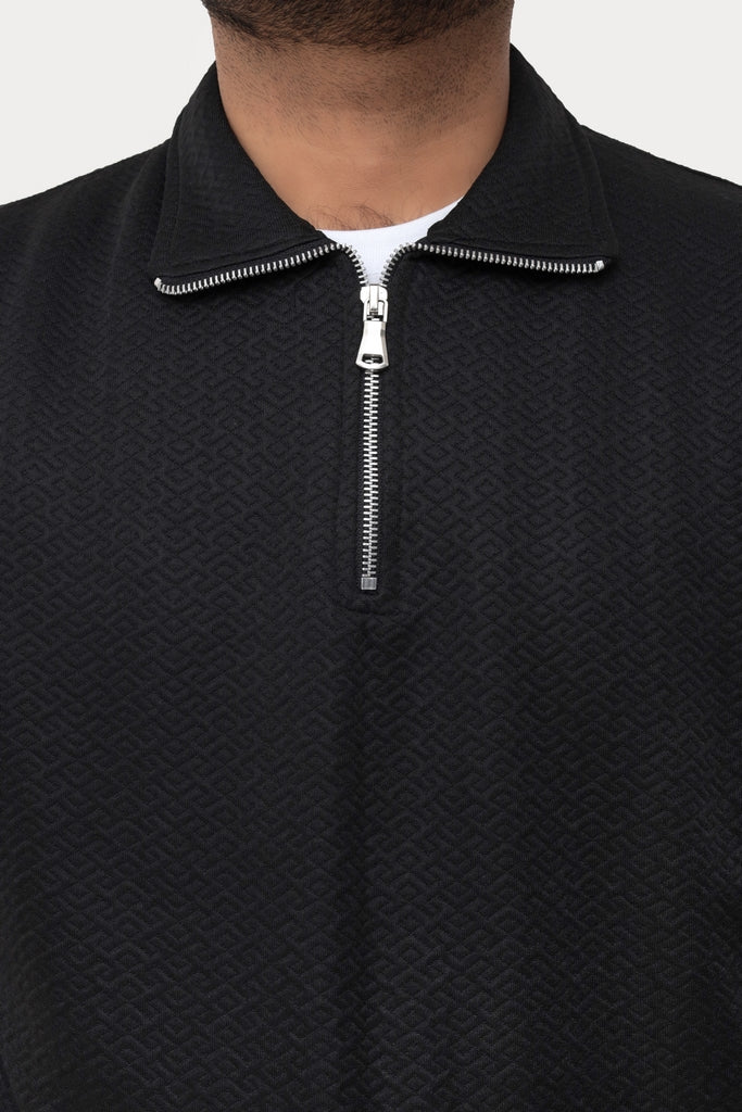 Old Money Men's Zipped Jet Black Textured Sweat Shirt - button & threads
