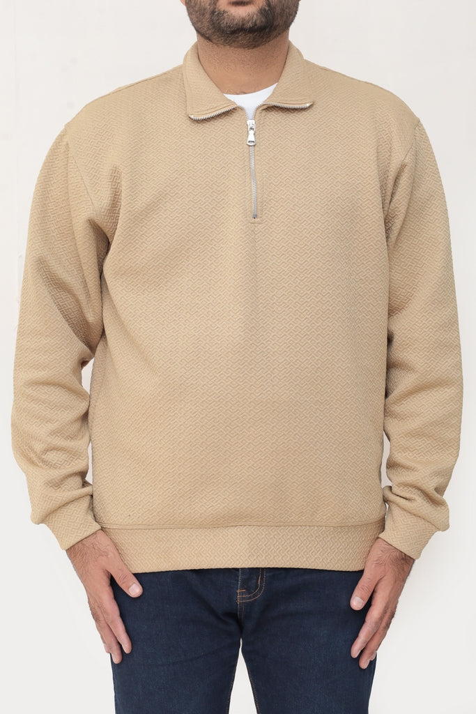 Old Money Men's Zipped Sweet Shirt- Texture Light Brown - button & threads