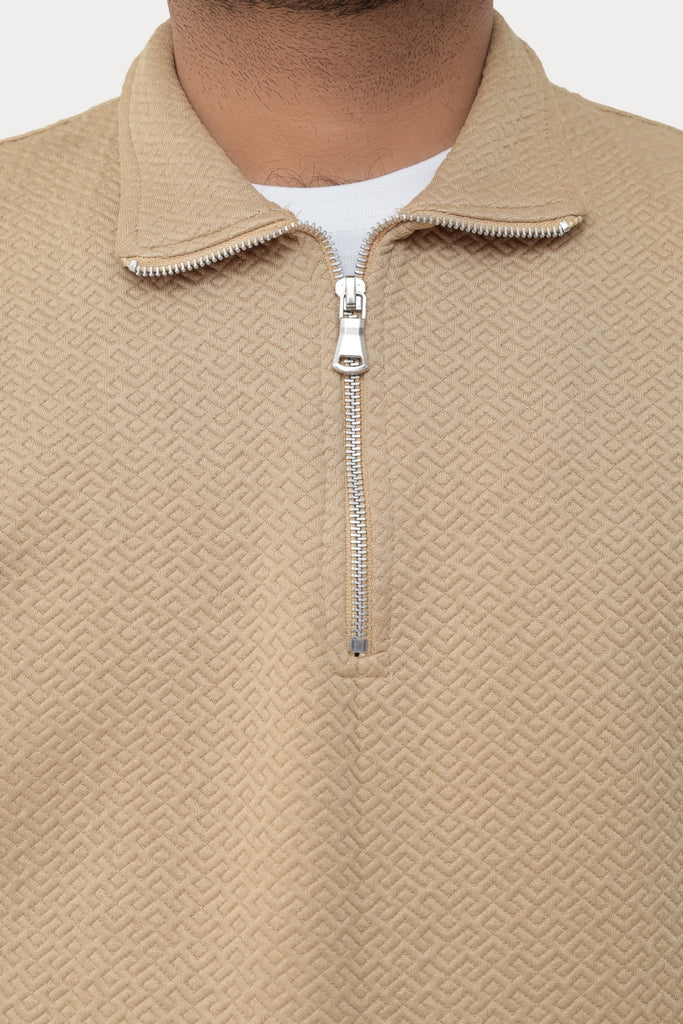 Old Money Men's Zipped Sweet Shirt- Texture Light Brown - button & threads