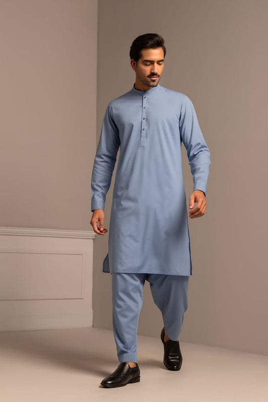 Men’s Embrioded Shalwar Qameez- Sky -BC1024 - button & threads
