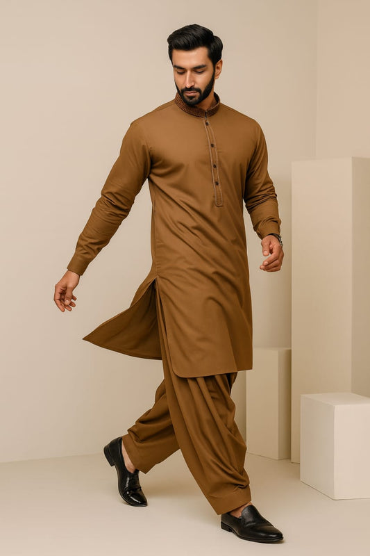 Men’s Embrioded Shalwar Qameez- Coffee Brown-BC1029 - button & threads