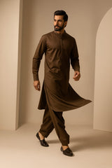 Men’s Embrioded Shalwar Qameez-Dark Brown-BC1027 - button & threads