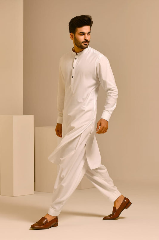 Men’s Embrioded Shalwar Qameez- Off White -BC1023 - button & threads