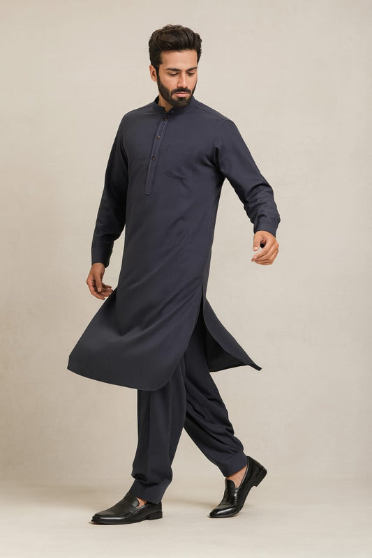 Men’s Embrioded Shalwar Qameez- Dark Grey -BC1025 - button & threads