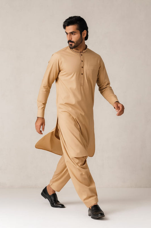 Men’s Embrioded Shalwar Qameez- Peach -BC1030 - button & threads