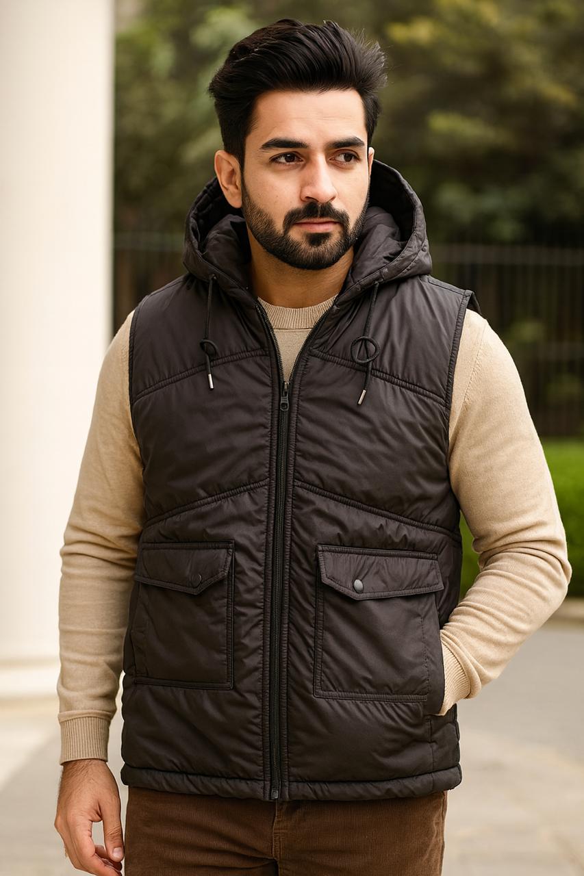Button & Threads™ Sleeves Less Jet Black Double Pocket Puffer Jacket - button & threads