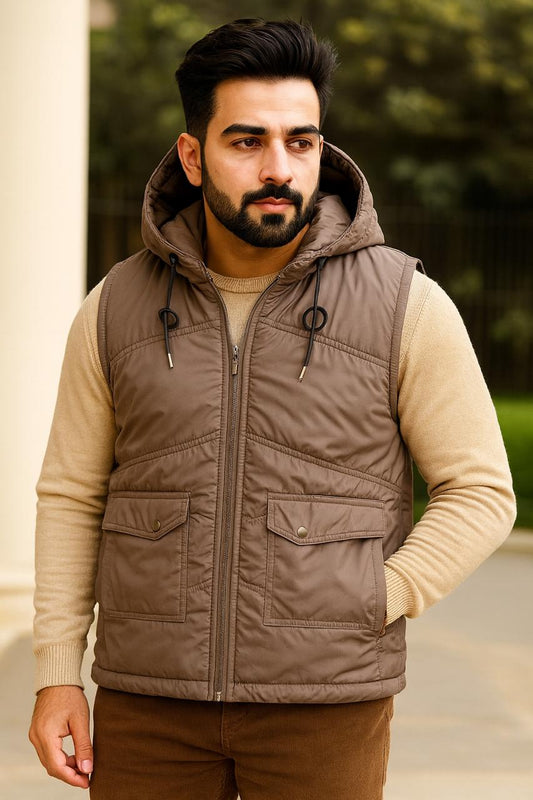 Button & Threads™ Sleeves Less Brown Double Pocket Puffer Jacket