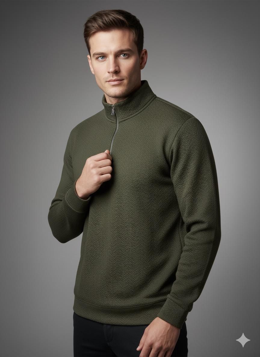 Old Money Men's Zipped Olive Green Textured Sweat Shirt - button & threads