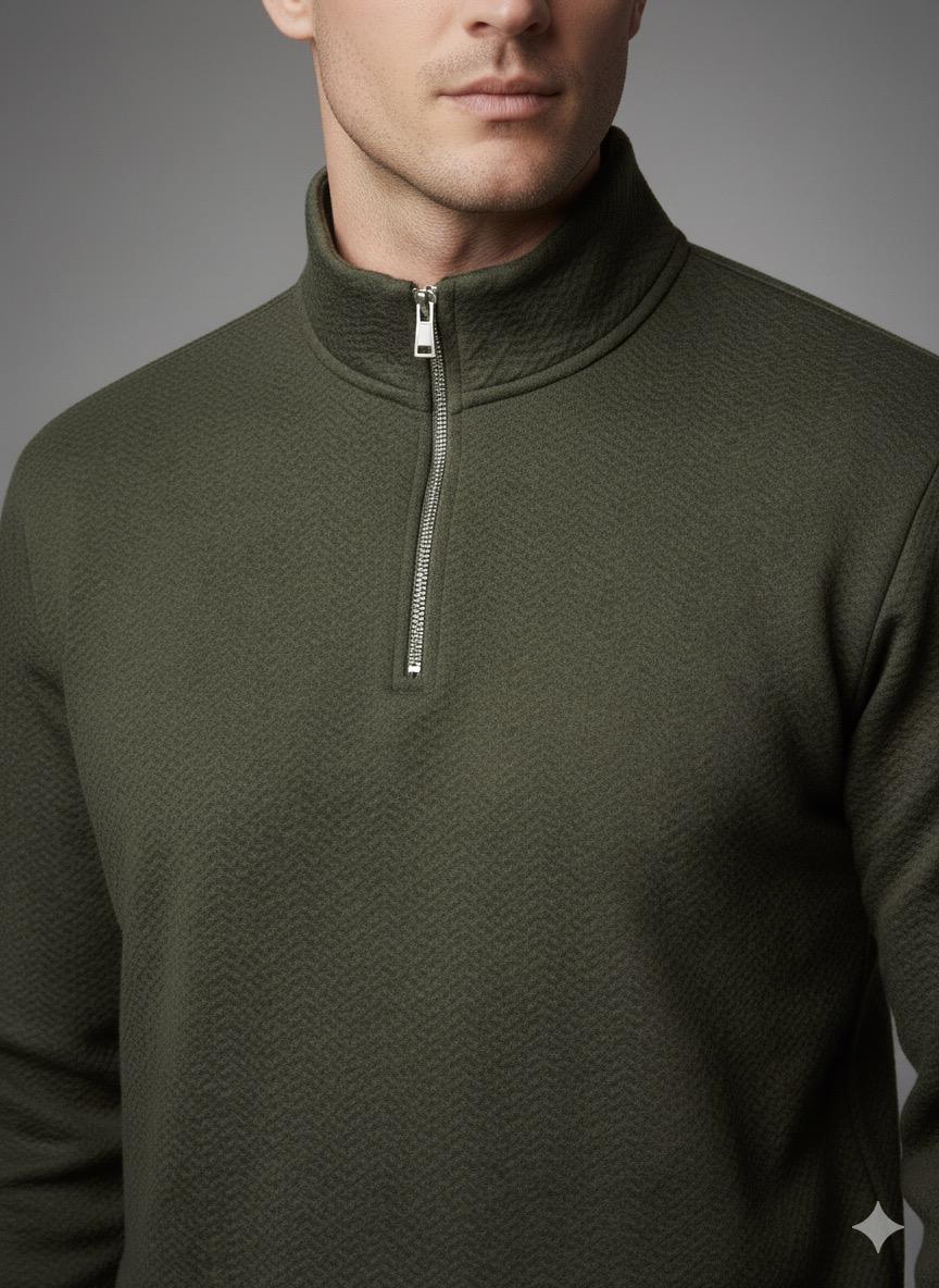 Old Money Men's Zipped Olive Green Textured Sweat Shirt - button & threads