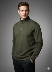 Old Money Men's Zipped Olive Green Textured Sweat Shirt - button & threads