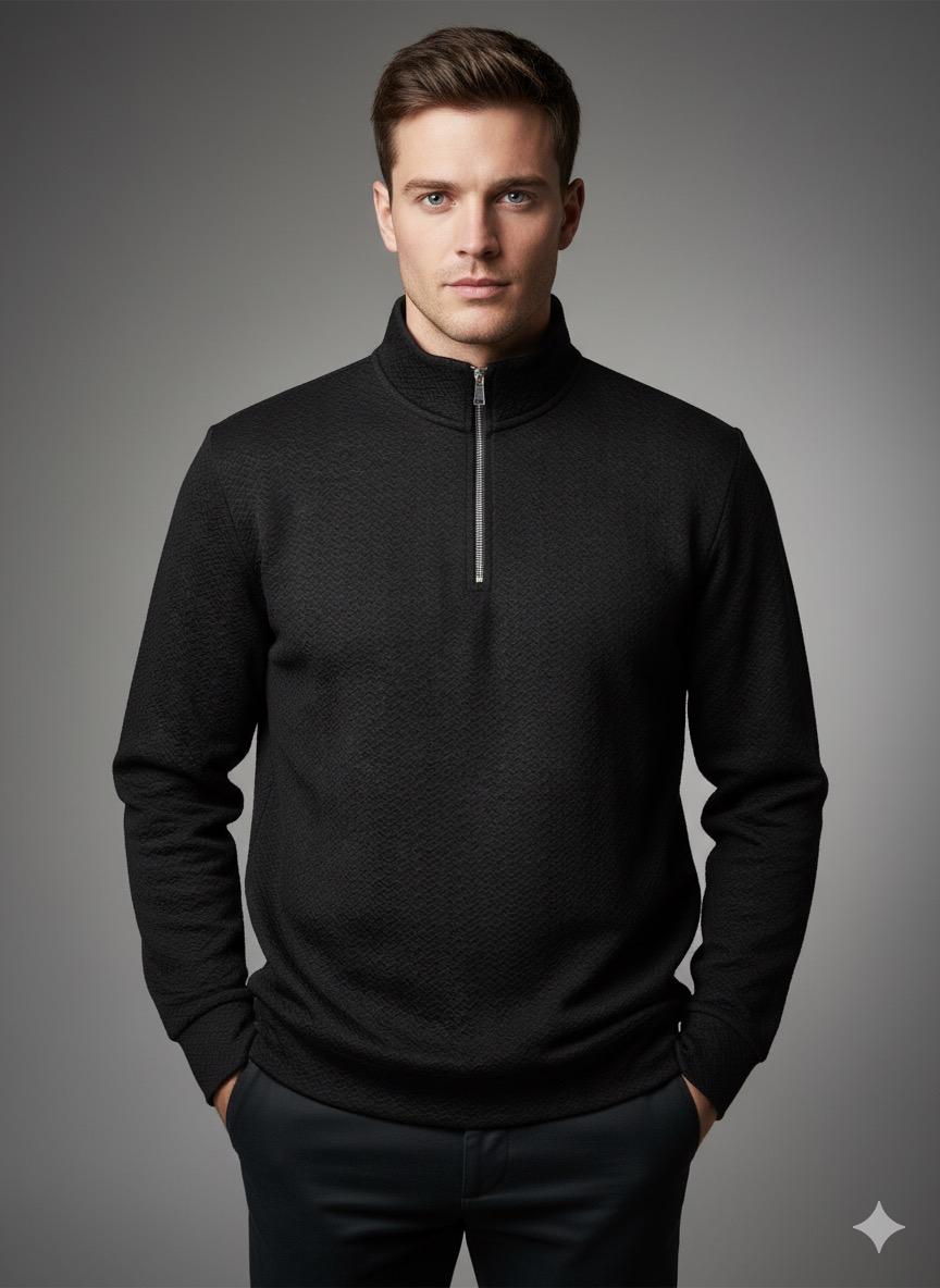 Old Money Men's Zipped Jet Black Textured Sweat Shirt - button & threads