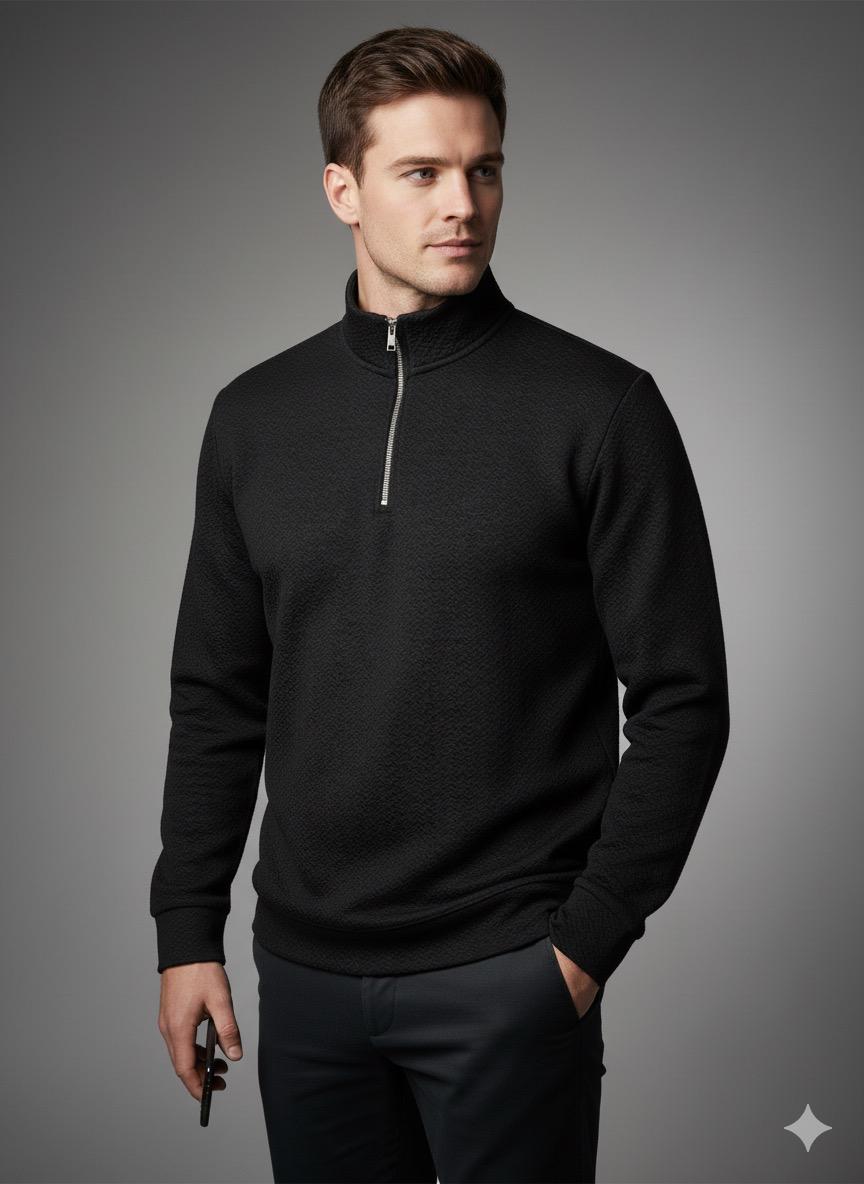 Old Money Men's Zipped Jet Black Textured Sweat Shirt - button & threads