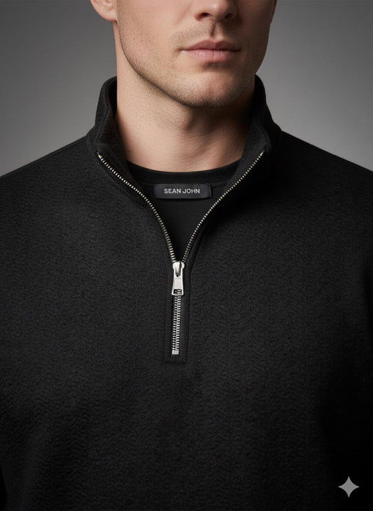 Old Money Men's Zipped Jet Black Textured Sweat Shirt - button & threads