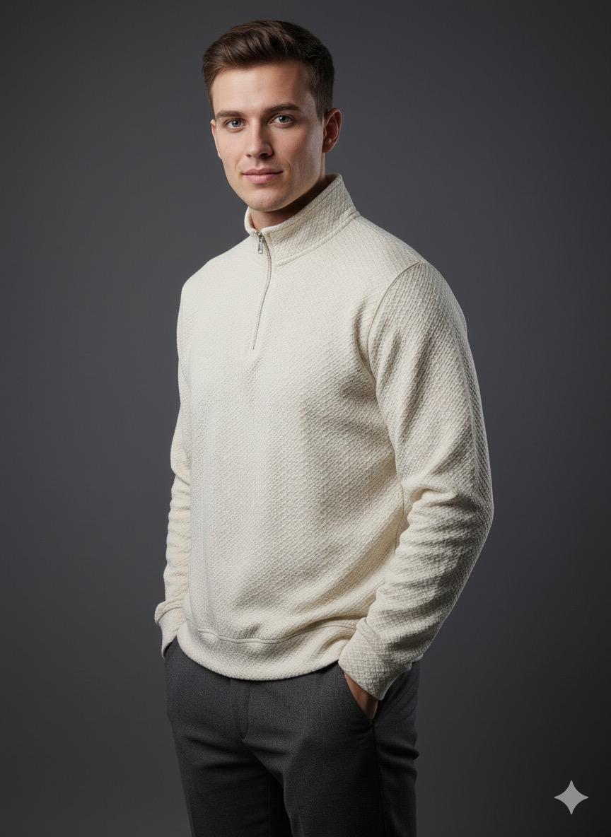 Old Money Men's Zipped Off White Textured Sweat Shirt - button & threads