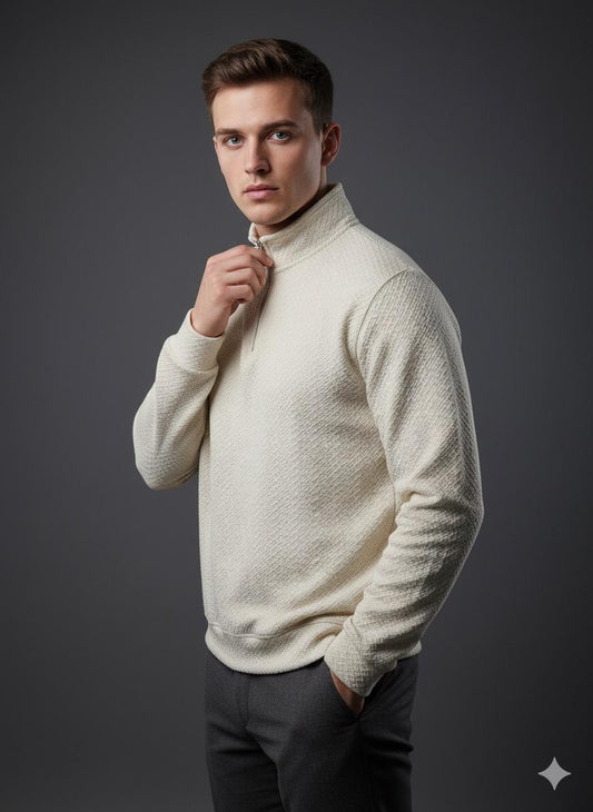 Old Money Men's Zipped Off White Textured Sweat Shirt - button & threads