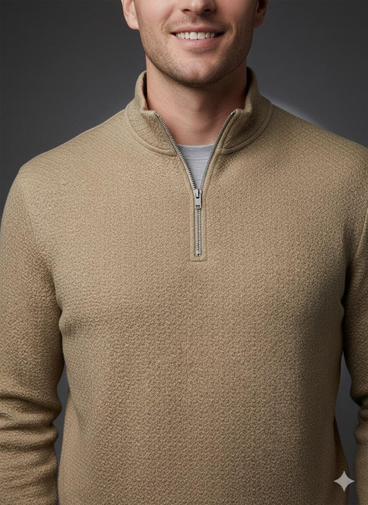 Old Money Men's Zipped Sweet Shirt- Texture Light Brown - button & threads