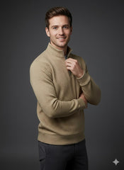 Old Money Men's Zipped Sweet Shirt- Texture Light Brown - button & threads