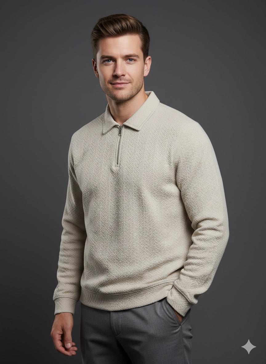 Old Money Men's Zipped Light Beige Textured Sweat Shirt - button & threads