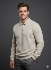 Old Money Men's Zipped Light Beige Textured Sweat Shirt - button & threads