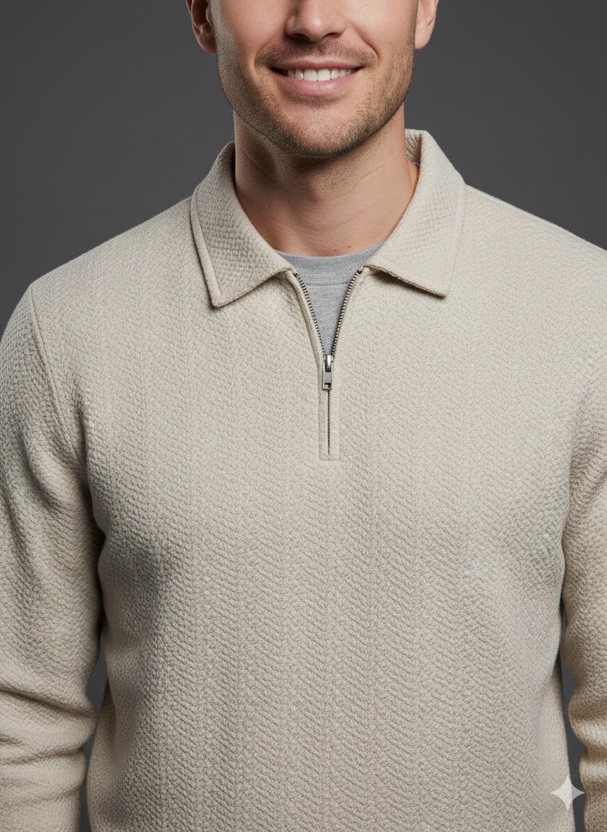 Old Money Men's Zipped Light Beige Textured Sweat Shirt - button & threads