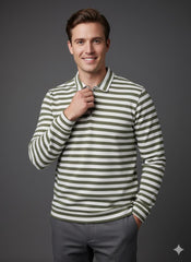 Old Money Men's Zipped Olive Striped Textured Sweat Shirt - button & threads