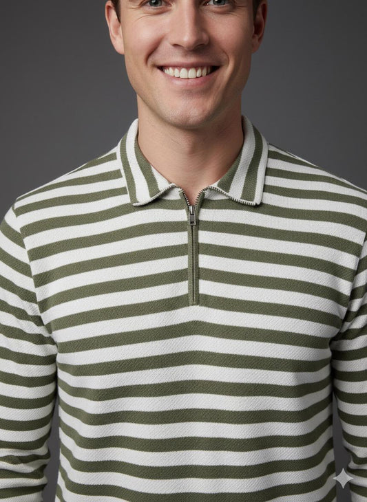 Old Money Men's Zipped Olive Striped Textured Sweat Shirt - button & threads