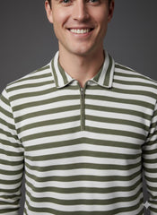 Old Money Men's Zipped Olive Striped Textured Sweat Shirt - button & threads