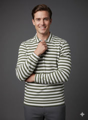 Old Money Men's Zipped Olive Striped Textured Sweat Shirt - button & threads