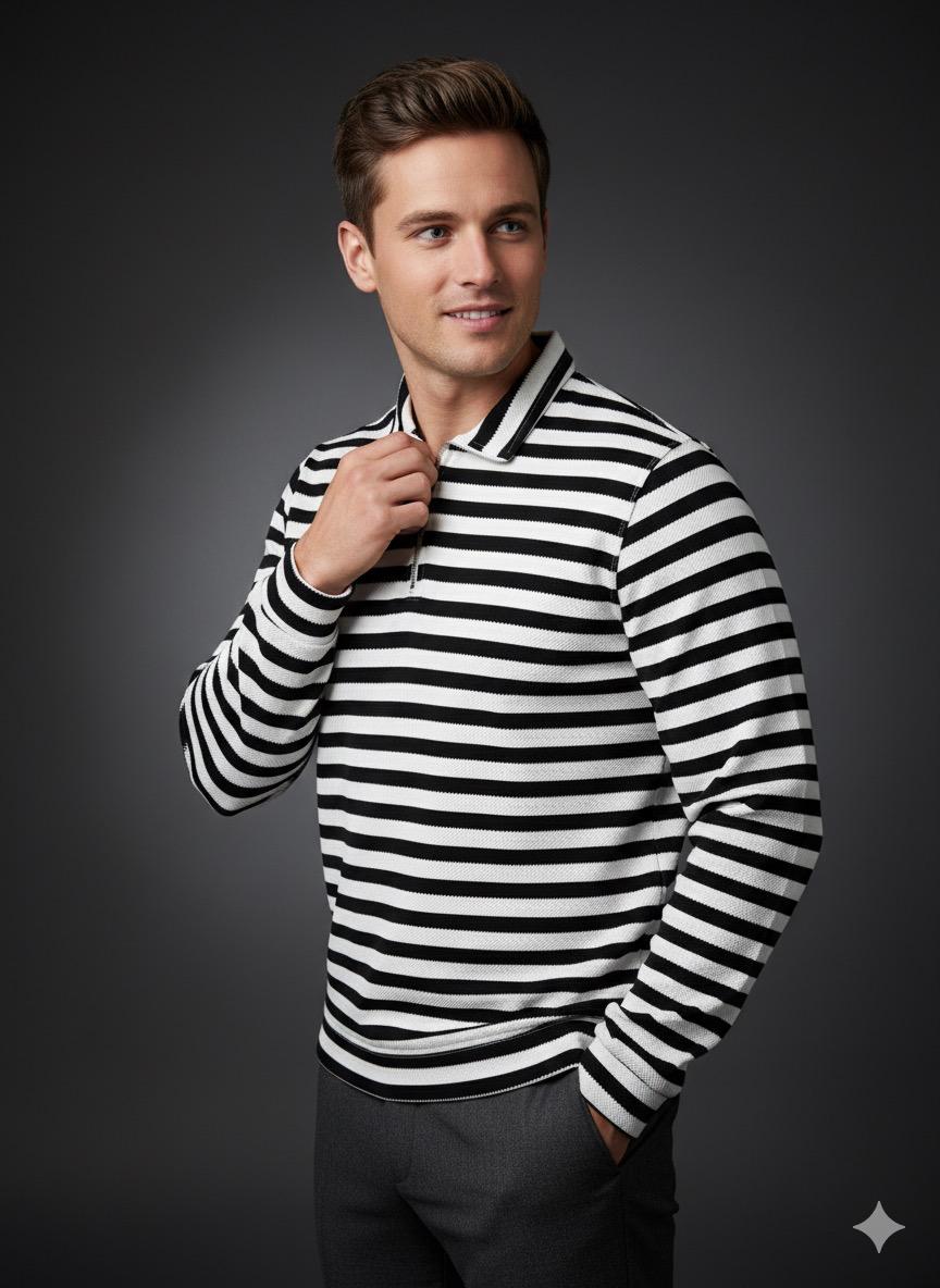 Old Money Men's Zipped Black  Striped Textured Sweat Shirt - button & threads