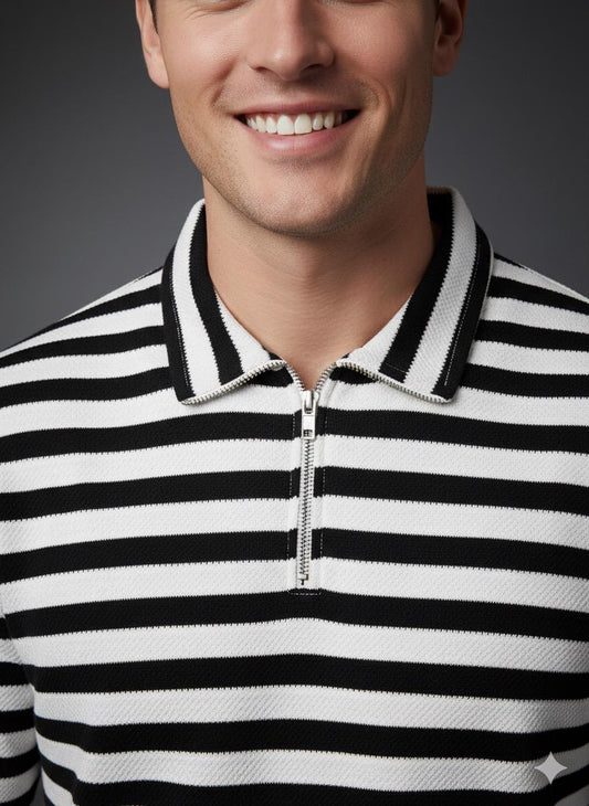 Old Money Men's Zipped Black  Striped Textured Sweat Shirt - button & threads